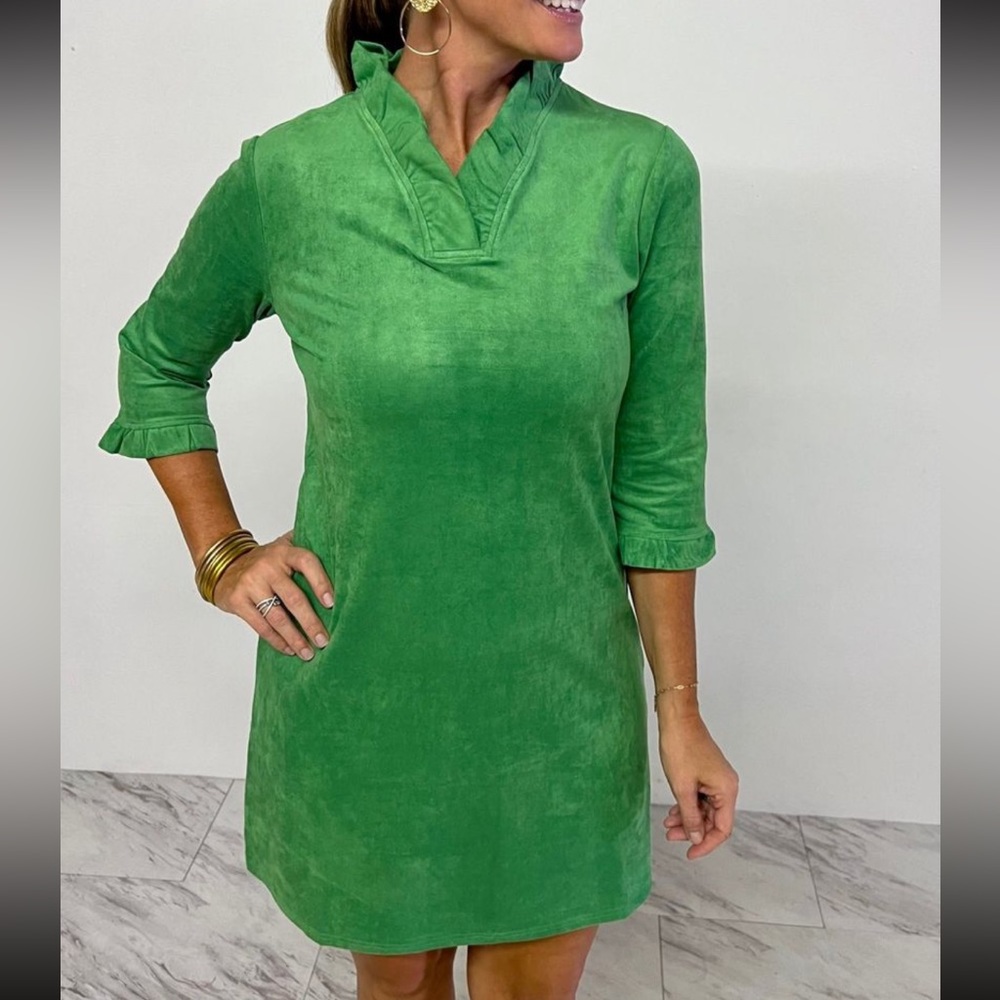 Trinity Ruffle Neck Faux Suede Dress - Aryeh